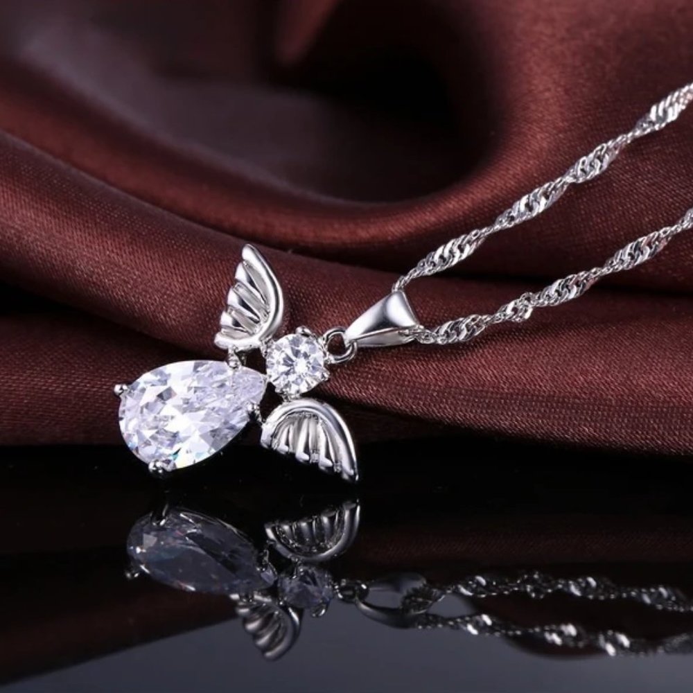 ⭐4pc Bundle Sale⭐ Diamond Angel Pendant And Earrings, w.18 Chain 925 Silver - Picture 5 of 7